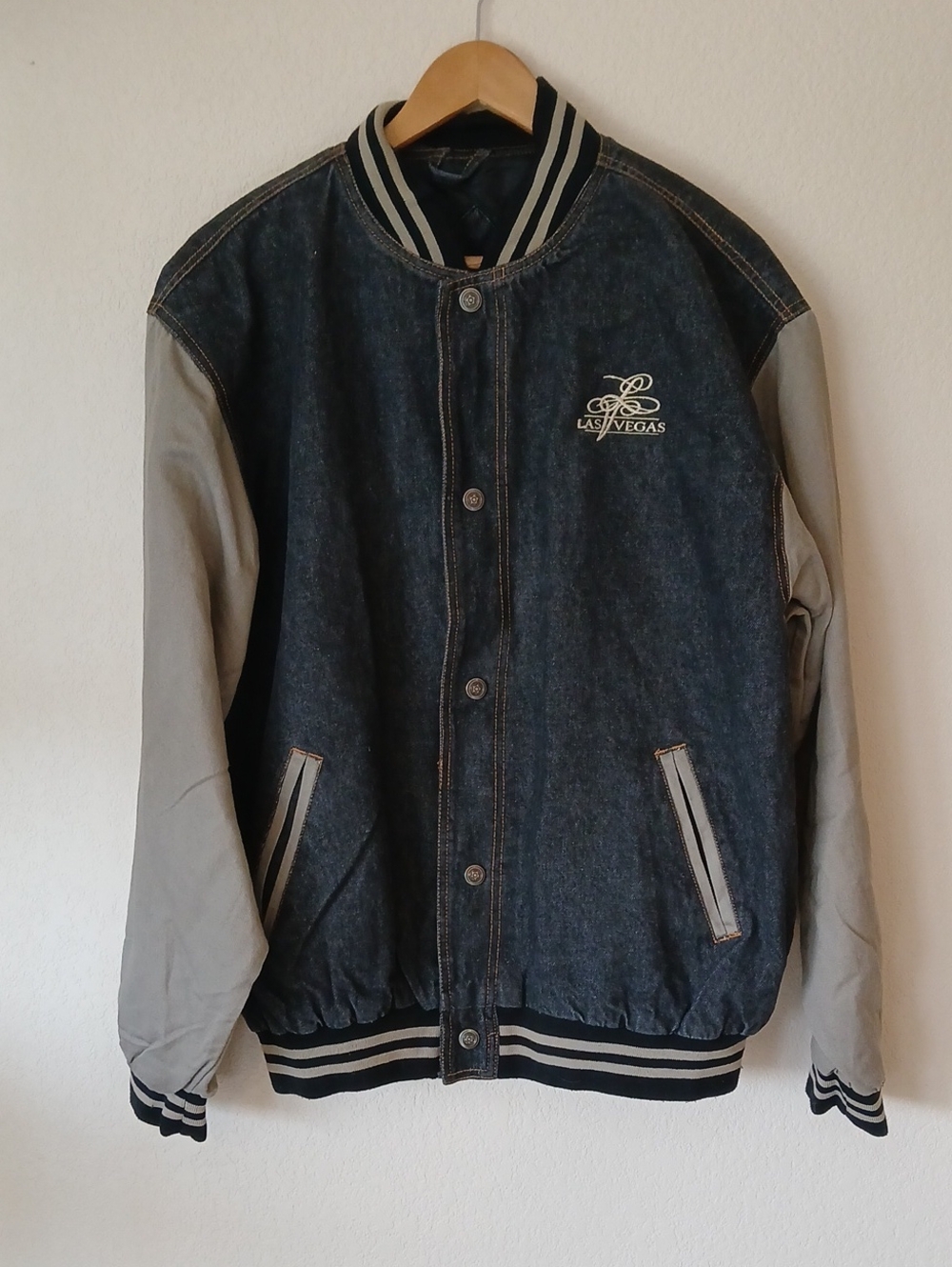 Vintage Jon Lauren Apparel Denim Varsity Bomber Jacket Las Vegas